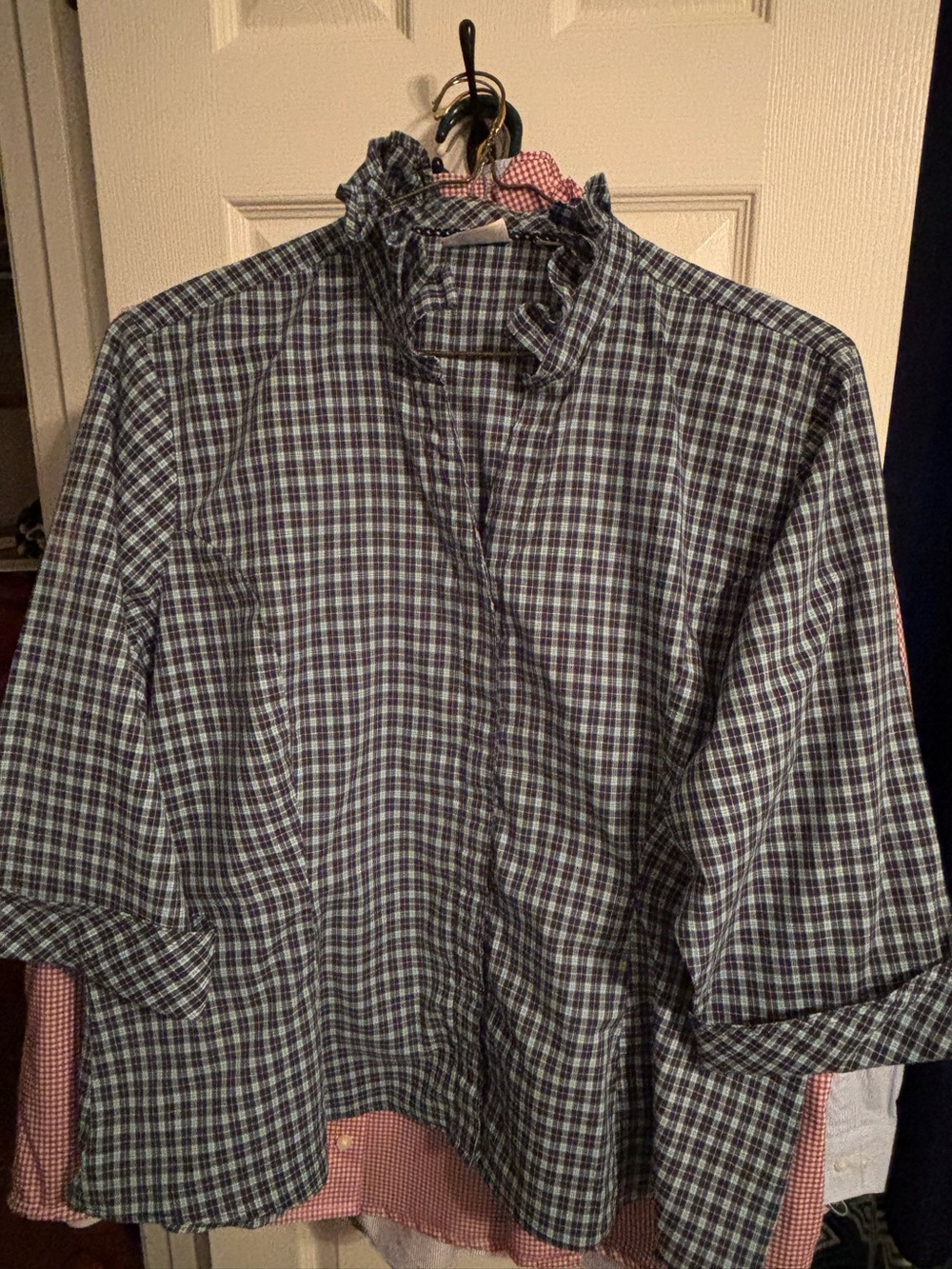 Remade women’s extra large tailored shirt with ruffled collar.  B-23 L-27.5